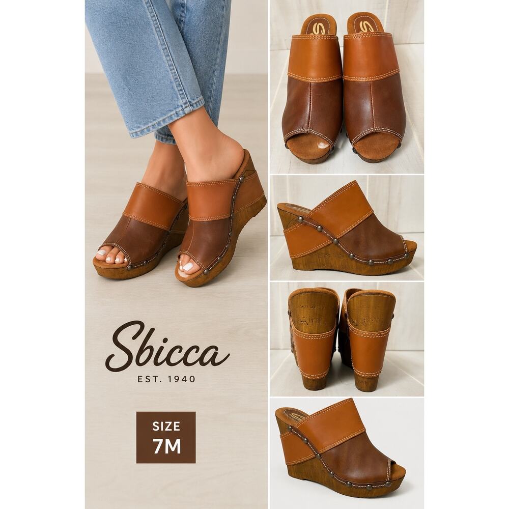 Sbicca Vintage Collection Leather Platform Clogs Studded Brown Slip-On 39(8.5)
